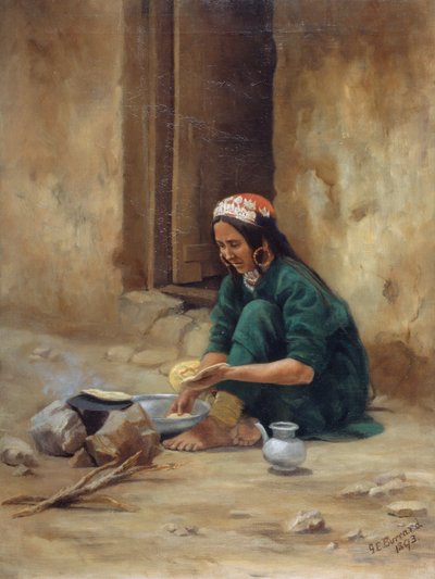 Een heuvelvrouw uit Ladakh, kookt haar eten, 1893 door Gertrude Ellen Burrard