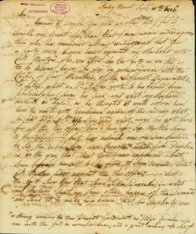 Brief ondertekend Gertrude Joan Senf, Rocky Mount, aan Thomas Jefferson, 11 september 1806 door Gertrude Joan Senf