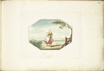 Melkmeid met emmers in een landschap door Gesina ter Borch (signed by artist)