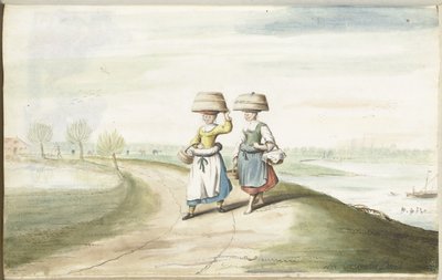 Twee boerenvrouwen lopend in een landschap door Gesina ter Borch (signed by artist)