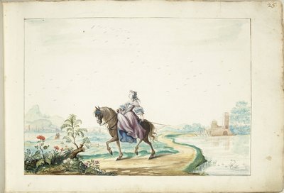 Vrouw te paard in een landschap door Gesina ter Borch (signed by artist)