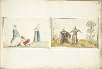 Heer die een schoen strikt en kluizenaar die een mantel aangeeft door Gesina ter Borch
