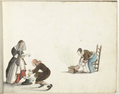 Heer strikt de schoen van een dame en een vrouw doet vuur in een stoof door Gesina ter Borch