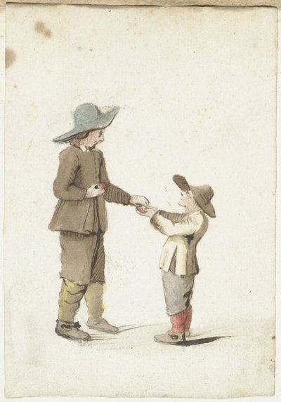 Jongen geeft een appel aan een jongere jongen door Gesina ter Borch
