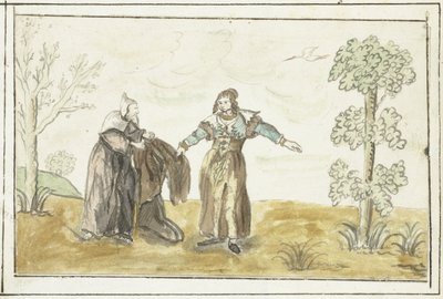 Kluizenaar geeft een dame zijn mantel door Gesina ter Borch