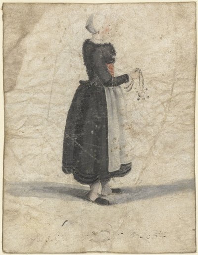 Noord-Hollandse vrouw staand met een ornament of tas in de hand door Gesina ter Borch