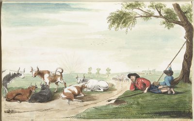 Twee koeherders bij zonsopgang of zonsondergang door Gesina ter Borch
