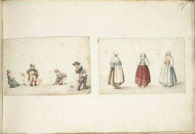 Vier kinderen die hun behoefte doen en drie staande vrouwen door Gesina ter Borch