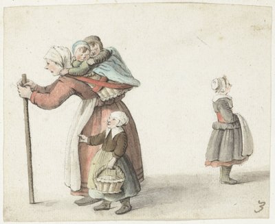 Vrouw met twee kinderen in een draagmand door Gesina ter Borch