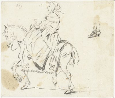Vrouw te paard, van opzij gezien, met schetsje van een onderbeen en voet door Gesina ter Borch