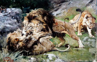 Barbary-leeuwen vechten, ca. 1890 door Geza Vastagh