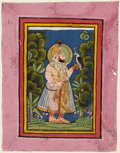 Maharana Jawan Singh r. 1828-38 in een bos met een havik door Ghasi