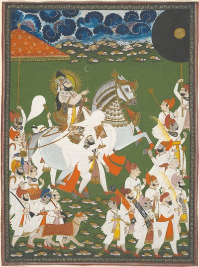 Maharana Bhim Singh in processie, ca. 1820 (dekkende aquarel en goud op papier) door Ghasi Ghasi