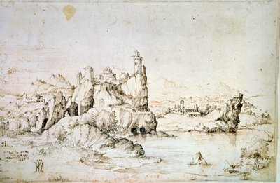 Een Kasteel op een Rots in Berglandschap, 1540 door Gherado Cibo