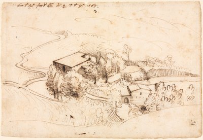 Boerderij met bomen in een heuvelachtig landschap, 1567 door Gherado Cibo