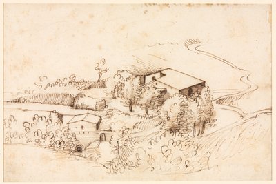 Boerderij met Bomen in een Heuvelachtig Landschap (verso) door Gherardo Cibo