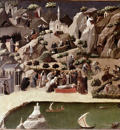 De Thebaïde van de kluizenaars (detail). Beschrijving van het leven van kluizenaars in de woestijn. Tempera op hout toegeschreven aan Gherardo Starnina (14e-15e eeuw). Ca. 1400. Florence, Galleria degli Uffizi door Gherardo Starnina