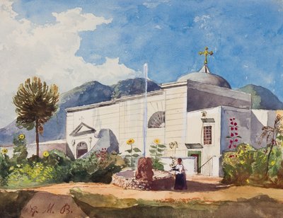 Kerk en fontein, mogelijk de tuin van een koninklijke residentie, met toevoegingen door Prins Gaetano Maria Federico di Borbone (1846-1871) door Giacinto Gigante