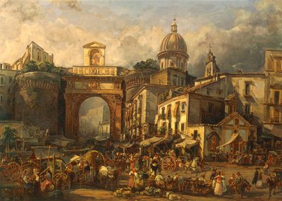 Italië, Napels, Markt bij Porta Capuana door Giacinto Gigante door Giacinto Gigante
