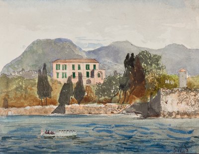 Roeiboot met de Borbone vlag nadert een groot huis aan de Napolitaanse kust, met toevoegingen door Prins Gaetano Maria Federico di Borbone (1846-1871) door Giacinto Gigante