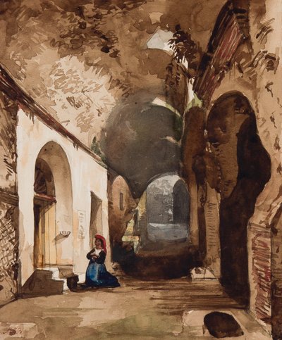 Vrouw die bidt bij gewelfd heiligdom in het amfitheater van Pozzuoli, met toevoegingen door Prinses Maria Annunziata di Borbone (1843-1871) door Giacinto Gigante