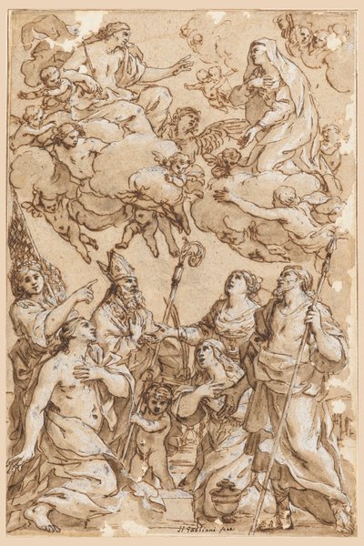 Tekening, Christus en de Maagd met beschermheiligen van Pistoia, 1638 door Giacinto Gimignani