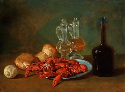 Stilleven met tinnen bord, garnalen, een citroen, glazen kruiken, brood en een fles wijn door Giacomo Ceruti