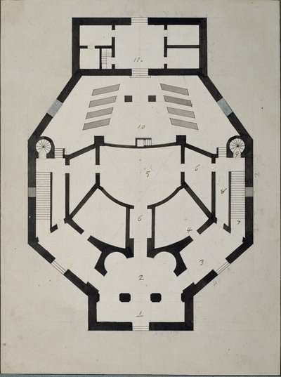 Plattegrond bovenverdieping door Giacomo Antonio Domenico Quarenghi