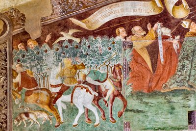De dood staande op een sarcofaag waar de dode paus en de keizer liggen, detail uit de Triomf van de Dood en Dans van de Dood door Giacomo Borlone de Buschis
