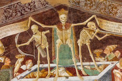 Dood staande op een sarcofaag waar de dode paus en de keizer liggen (detail) door Giacomo Borlone de Buschis