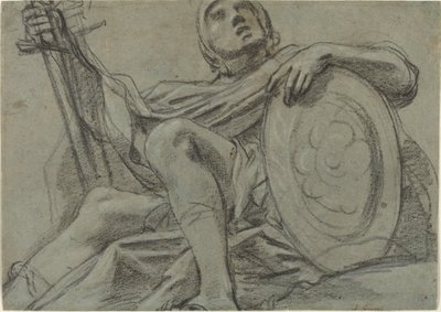 Zittende krijger met een zwaard en schild (recto) door Giacomo Cavedone