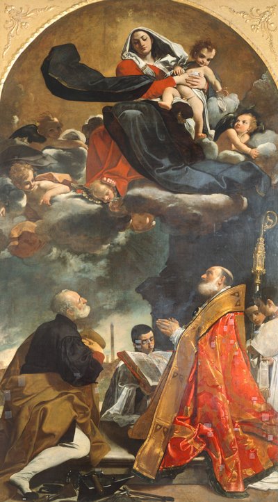 Altaarstuk met afbeelding van de Maagd met heiligen Petronius en Alo door Giacomo Cavedoni