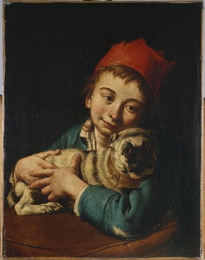 Een jongen, halflang, in een blauw jasje en een rode hoed, met een mopshond op een kussen door Giacomo Ceruti