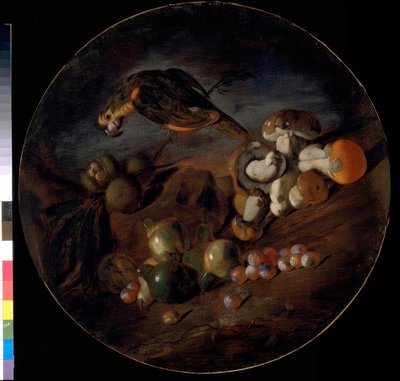 Stilleven met paddenstoelen, vruchten en papegaai door Giacomo Fardella de Calvello