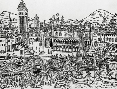Uitzicht op Venetië in de 15e eeuw, Italië, houtsnede, uit Supplementum chronicarum door Giacomo Filippo Foresti (1434-1520) door Giacomo Filippo Foresti