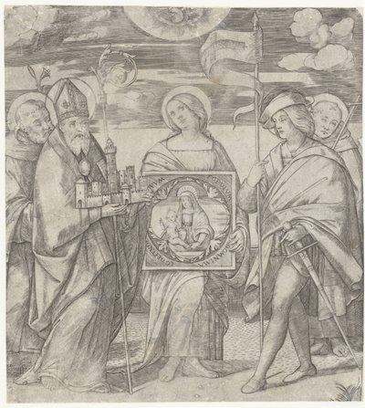 Vijf beschermheiligen van Bologna met afbeelding van Maria door Giacomo Francia