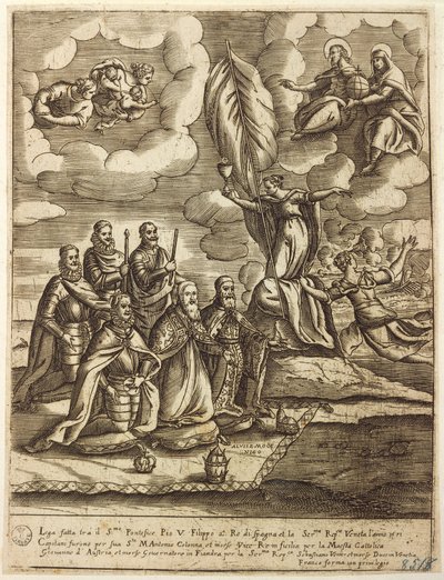 Allegorie van de Heilige Liga van 1571 gesloten door paus Pius V, Filips van Spanje en Doge van Venetië Alvise Mocenigo, gravure door Giacomo Franco (1556-1620) door Giacomo Franco