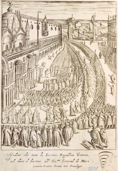 Ceremonie in Venetië voor de overhandiging van de staf aan de opperadmiraal door Giacomo Franco