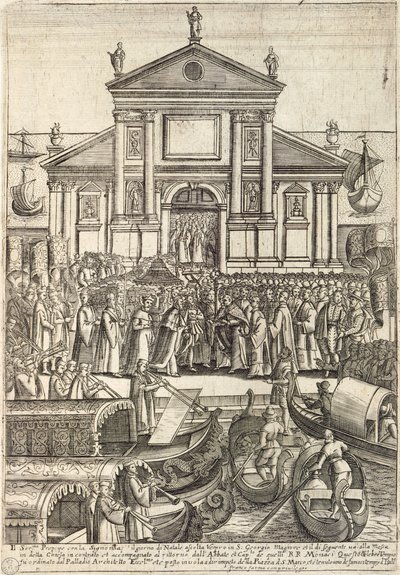 De Doge en zijn entourage luisteren naar de vesper op Eerste Kerstdag in de San Giorgio Maggiore Kerk in Venetië door Giacomo Franco