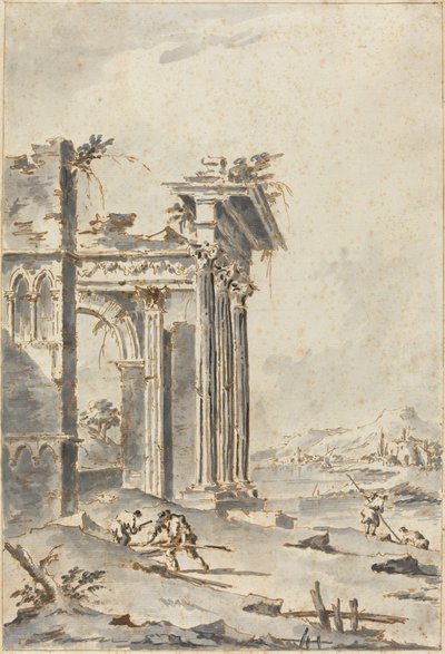 Capriccio van klassieke ruïnes aan een kust door Giacomo Guardi