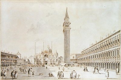 Uitzicht op het Piazza San Marco richting de Basiliek en Campanile door Giacomo Guardi