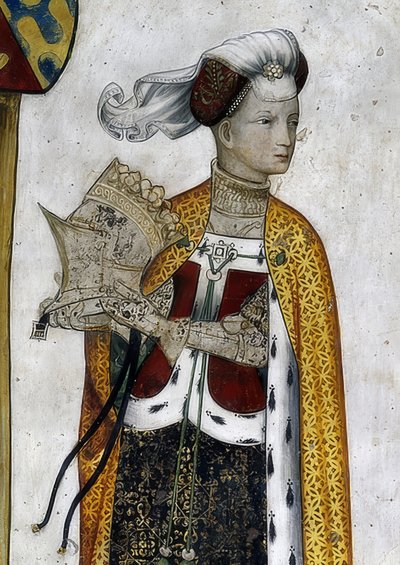Voorstelling van de markiezen van Saluzzo en hun echtgenotes als historische en mythologische helden en heldinnen. (detail): Riccarda di Sicilia, echtgenote van Tommaso II, als Amazonenkoningin Lampeto. 1418-30 door Giacomo Jaquerio