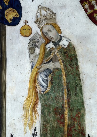 Voorstelling van de markgraven van Saluzzo en hun echtgenotes als historische en mythologische helden en heldinnen. Detail: Beatrice Visconti als Aetiope, echtgenote van Frederico I. 1418-30 door Giacomo Jaquerio