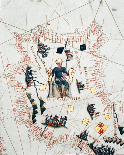 Voorstelling van de koning van Spanje en de kusten van Europa en Noord-Afrika (portulan) door Giacomo Maggiolo