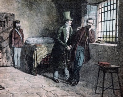Risorgimento: de Italiaanse patriot Giuseppe Mazzini (1805-1872) gevangen in Savona in 1830 ontmoet zijn vader die hem aanspoort de Sardijnse staten te verlaten. Gravure door Giacomo Mantegazza (1853-1920) 1884 door Giacomo Mantegazza