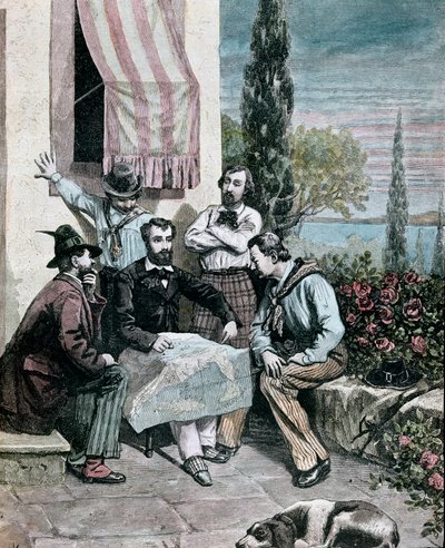 Risorgimento: de ballingen in Corfu (Corfu) waarvan de broers Attilio Bandiera (1810-1844) en Emilio Bandiera (1819-1844) een Italiaanse kaart bestuderen om een expeditie te maken door Giacomo Mantegazza