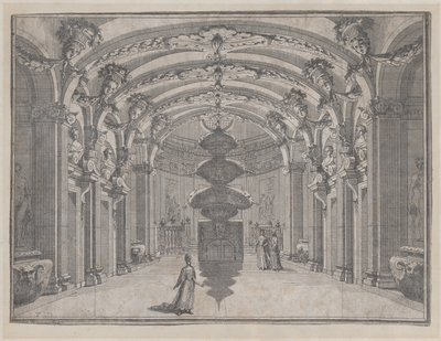 Theaterscène in een grote zaal met een gewelfd plafond en een centraal beeld, ca. 1687-1717 door Giacomo Maria Giovannini