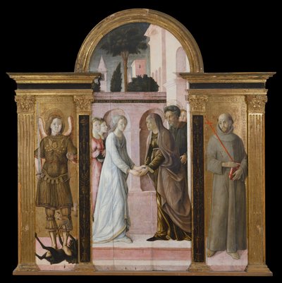 Drieluik: De Visitatie, tussen St. Michael en St. Franciscus door Giacomo Pacchiarotti