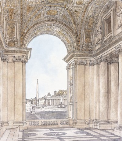 Een uitzicht op het Piazza San Pietro, Rome, kijkend naar het zuiden vanaf de portiek van de basiliek, voor 1779 door Giacomo Quarenghi