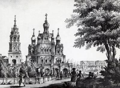 Kerk van de Hemelvaart en Gagarin-paleis in Moskou, tekening door Giacomo Quarenghi Domenico, Rusland door Giacomo Quarenghi